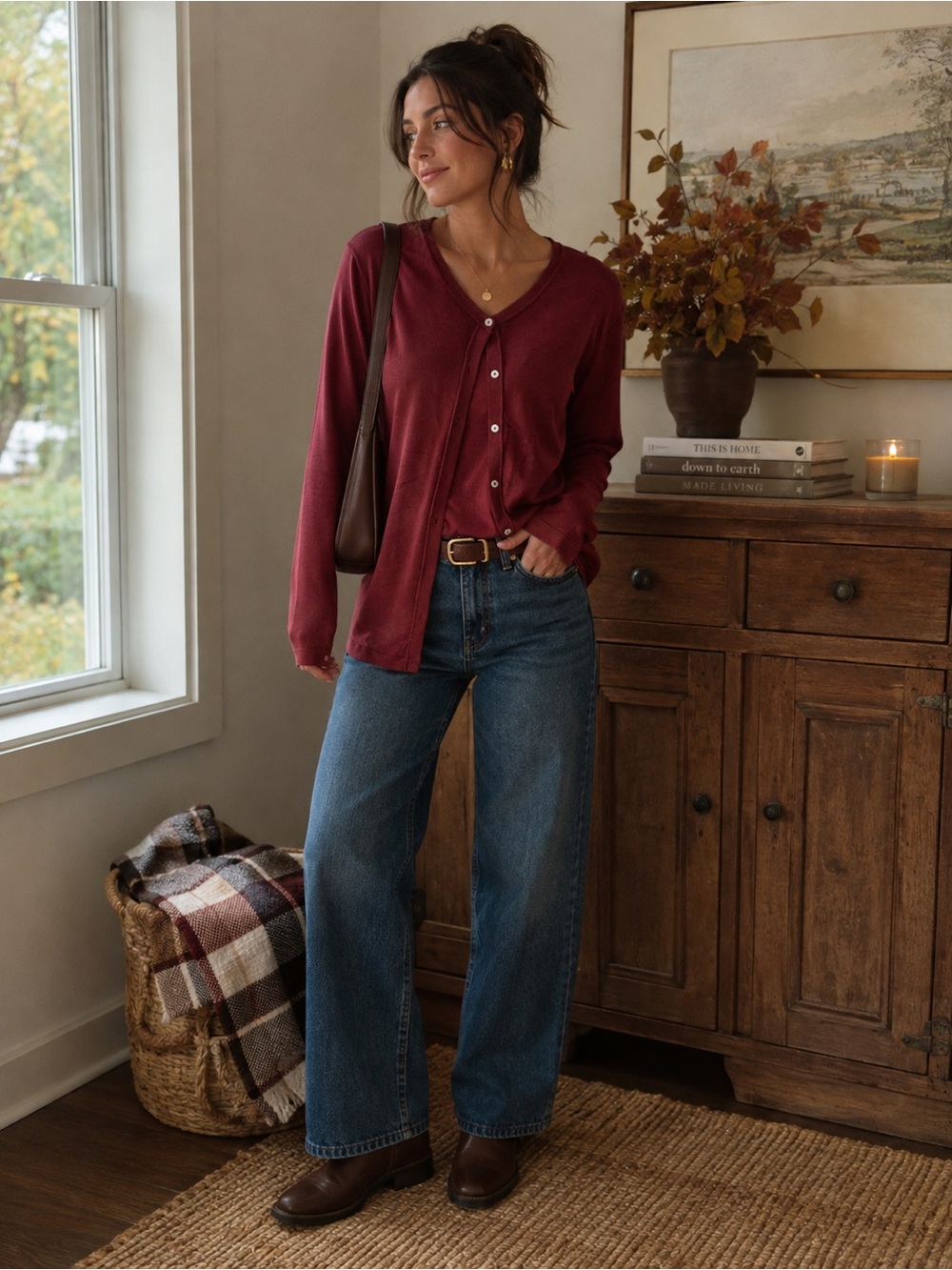 august silk Burgundy Button Cardigan